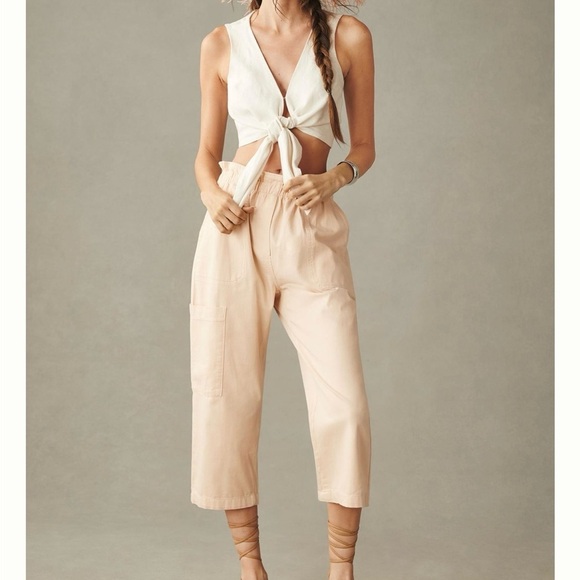 Anthropologie Paperbag Crop‎ Pant in Sand Size LP Elastic Waist Casual Pockets - Picture 2 of 10